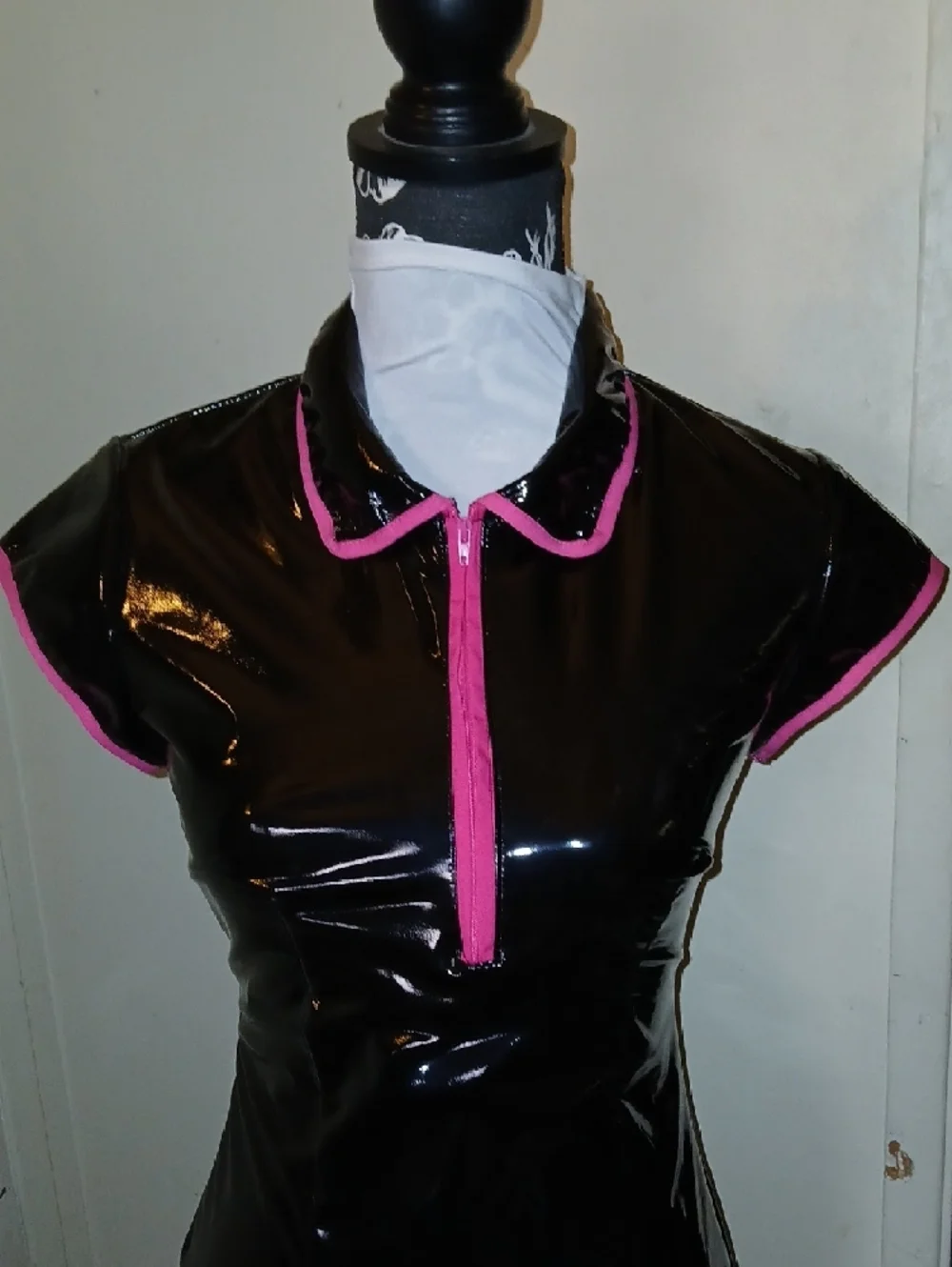UWOWO Black Patent Vinyl Mini Dress with Hot Pink Trim. - Picture 3 of 9